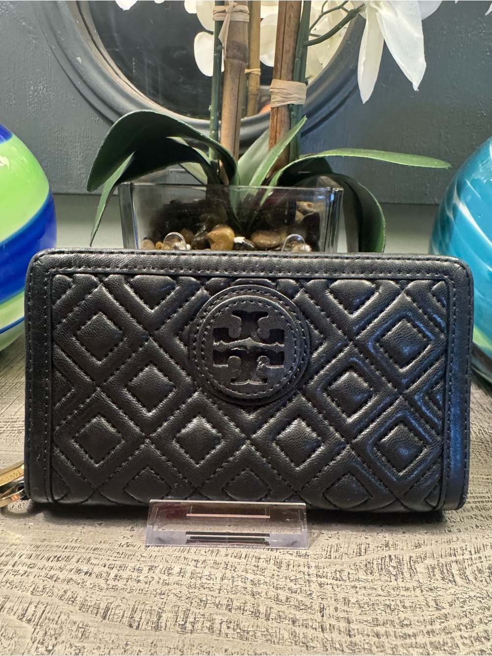 Tory Burch Black Quilted Leather Zip-Around Wallet with Gold Tone Hardware